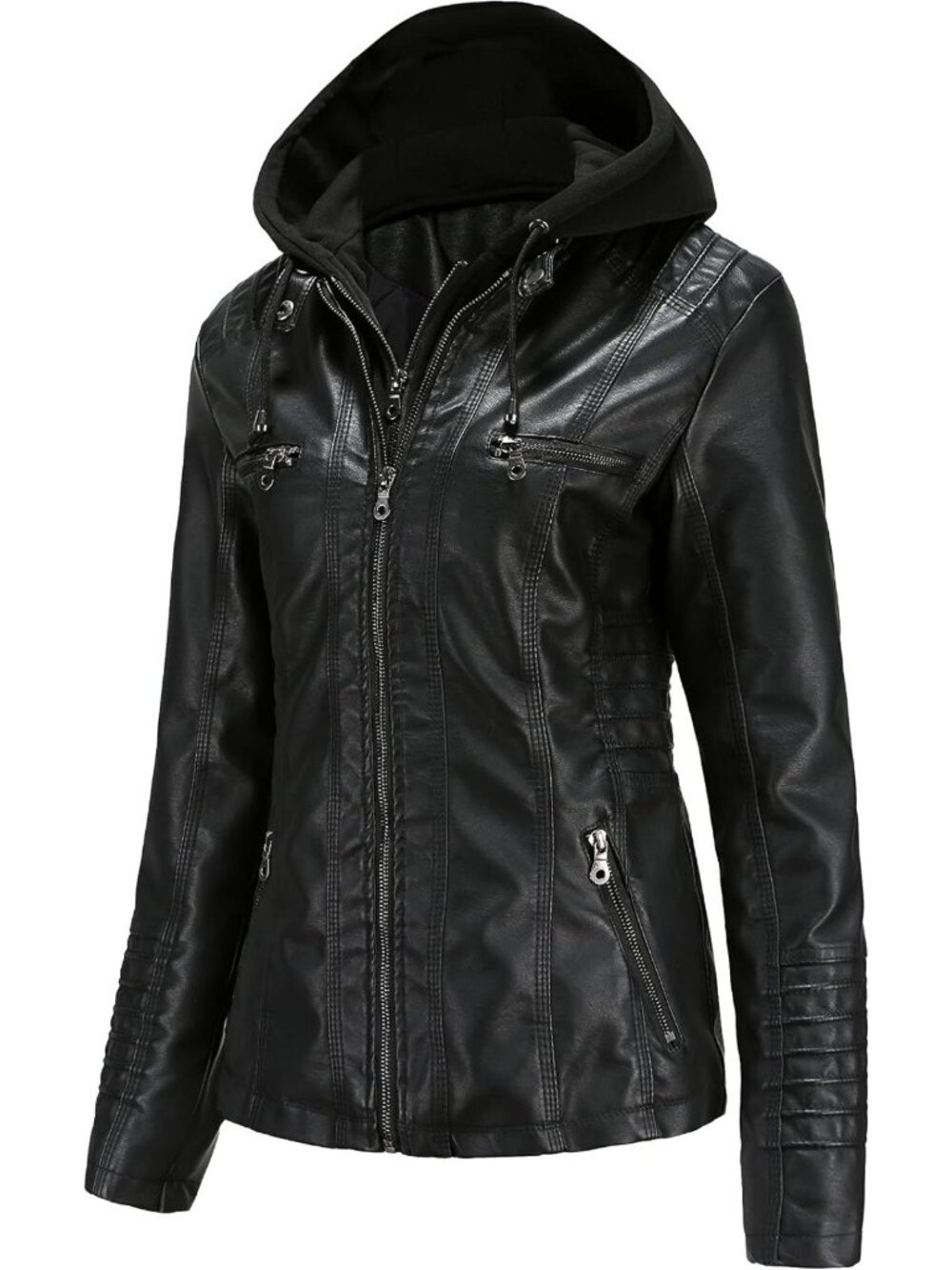 Chic Women's Faux Leather Moto Jacket with Removable Hood - Stylish & Versatile